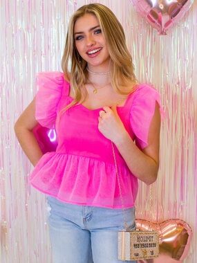 Women’s Pink Ruffle Sleeve Peplum Top